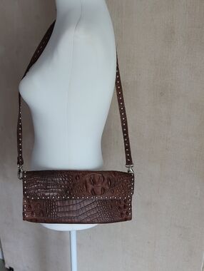 Western Croc-Embossed East/West Leather Purse Studded Edges & Shoulder Strap